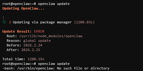 OpenClaw更新失败导致/usr/bin/openclaw 不存在